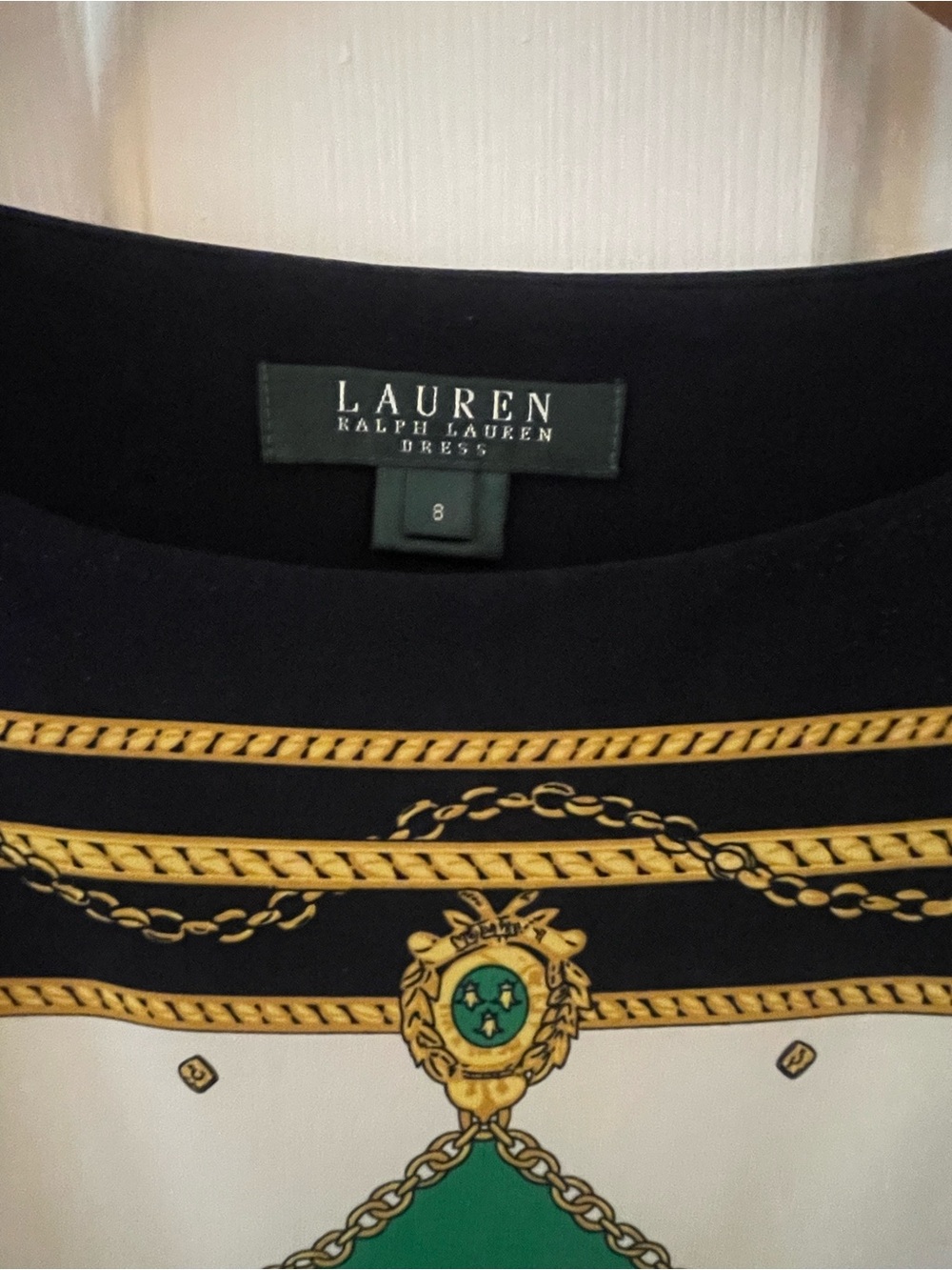 Lauren Ralph Lauren Equestrian Navy Green & White Printed Medallion Dress - Picture 2 of 5